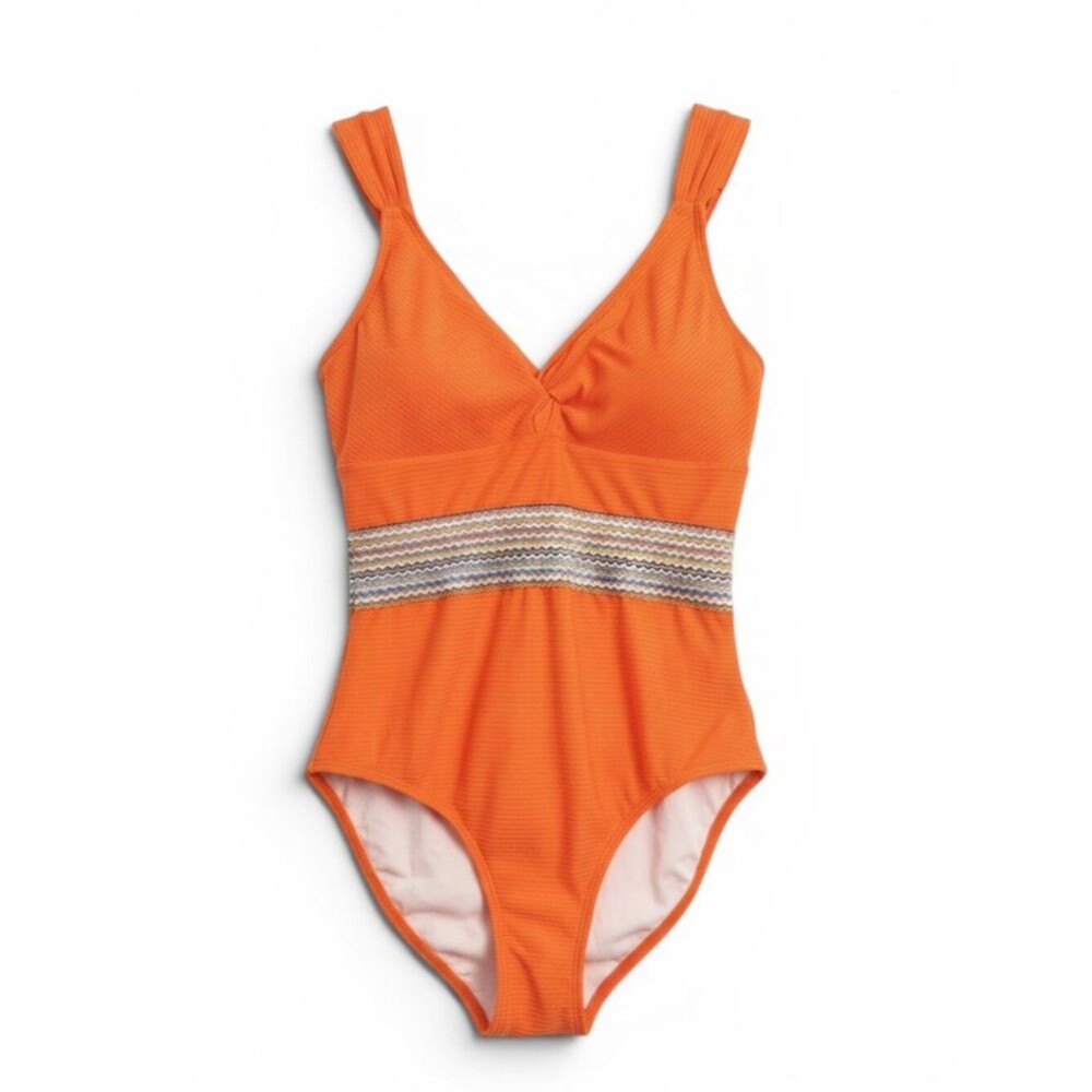 Textured Orange One-Piece Swimsuit with Decorative Waistband